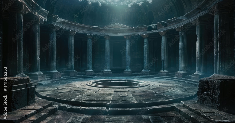 Aufkleber a mysterious ancient temple with stone columns and a circular platform illuminated by light.