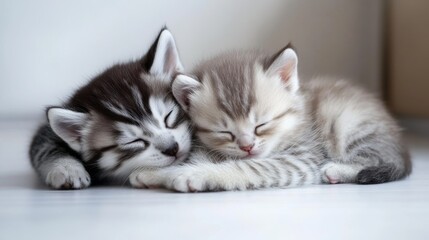 80.Peaceful scene of a small puppy and kitten napping on a white floor, with the puppyâ€™s body curled protectively around the kitten; both animals have calm, content expressions, with eyes closed and