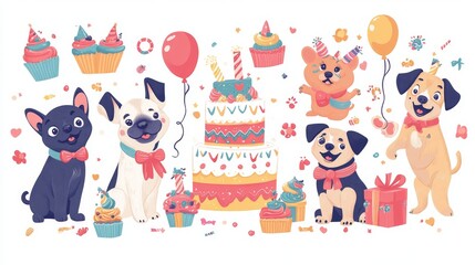 72.Vector set of adorable cartoon dogs gathered around a birthday cake, each one wearing different party attire; a pug with a party horn, a dachshund in a colorful scarf, a labrador with a big grin,
