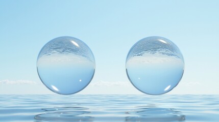Floating spheres over tranquil water surface reflecting sky