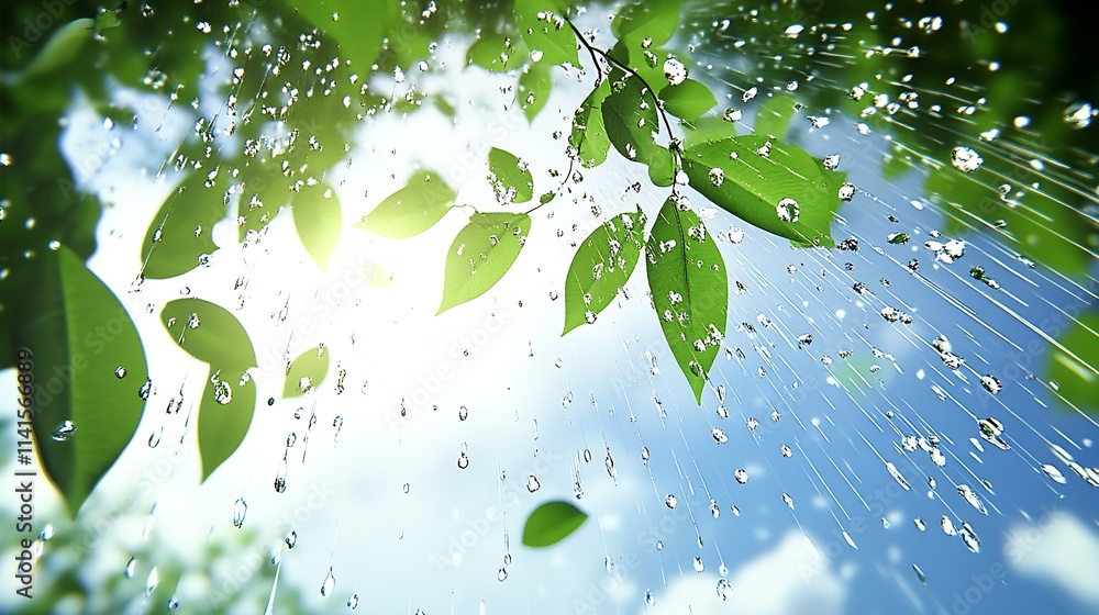 Aufkleber refreshing spring day with raindrops falling on green leaves : generative ai