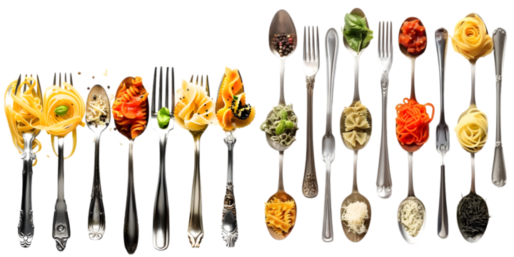 Forks and spoons with various tasty pasta. Generative AI.