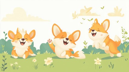 15.Illustrated vector set of cartoon corgis, each in a unique pose; one is jumping excitedly, another is sitting with a tilted head, a sleepy corgi lies down with eyes closed, and a curious one