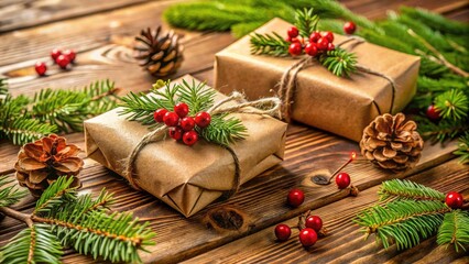 Fototapeta premium Eco-Friendly Christmas Gifts in Kraft Paper | Zero Waste Holiday Decor | Sustainable Packaging on Wooden Table | Green Christmas Concept | Eco-Conscious Gift Wrapping Ideas