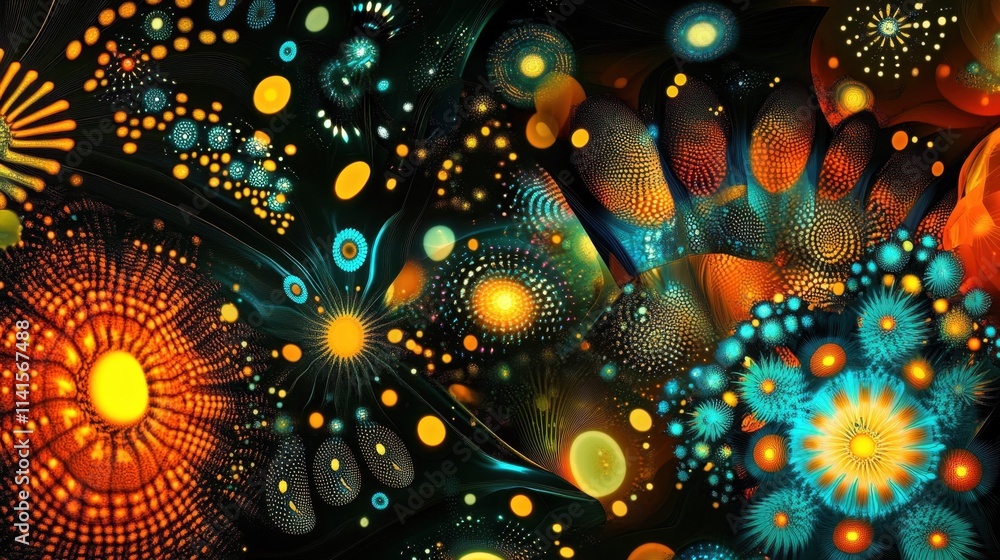 Poster vibrant abstract design with colorful spirals and dots in dark space