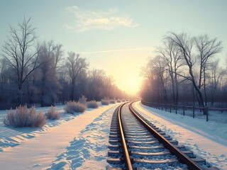Fototapeta premium Frozen rails whisper tales of winter's sway.