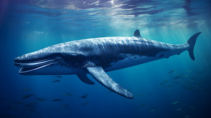 Fototapeta premium Magnificent Gliding Blue Whale in Azure Ocean Depths: A Scenic Illustration of Marine Serenity
