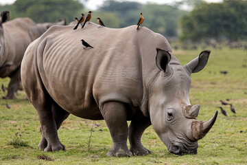 Naklejka premium Rhinoceros grazing on the grasslands with birds on its back