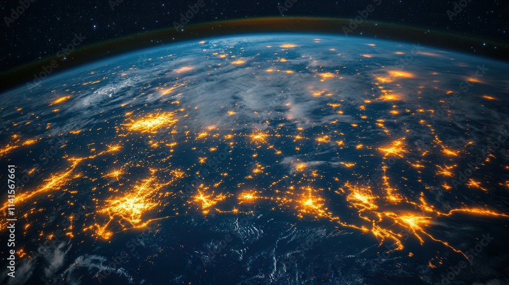 Poster a stunning view of earth from space, showcasing illuminated cities and the intricate network of huma