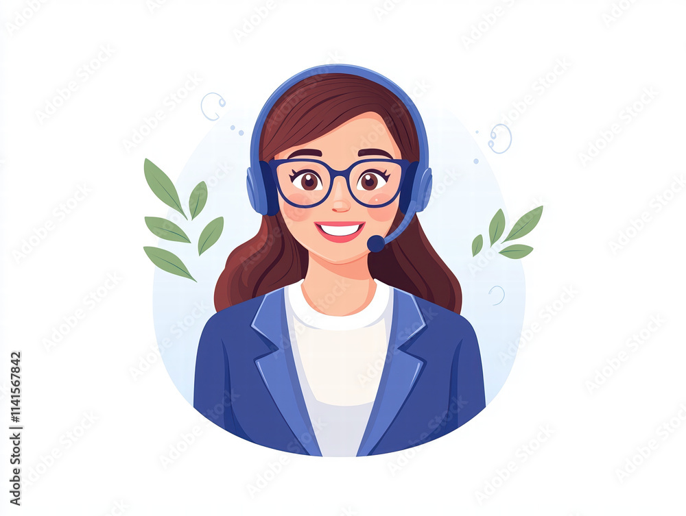 Poster customer support representative with headset and glasses, smiling warmly. ideal for illustrating cus