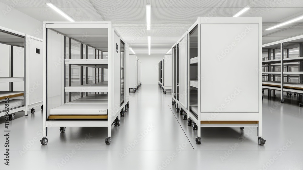 Poster Modern Minimalist Dormitory Design with White Metal Bunks and Versatile Shelving for Efficient Space Utilization in Shared Living Areas