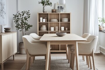 Fototapeta premium Simple, neutral-colored chairs and a light wood table in a dining space with an open shelving unit.