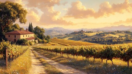 Obraz premium Tuscan countryside, vineyard, farmhouse, sunset.
