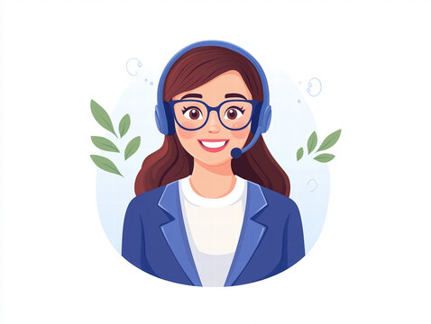 Customer support representative with headset and glasses, smiling warmly. Ideal for illustrating customer service concepts and communication