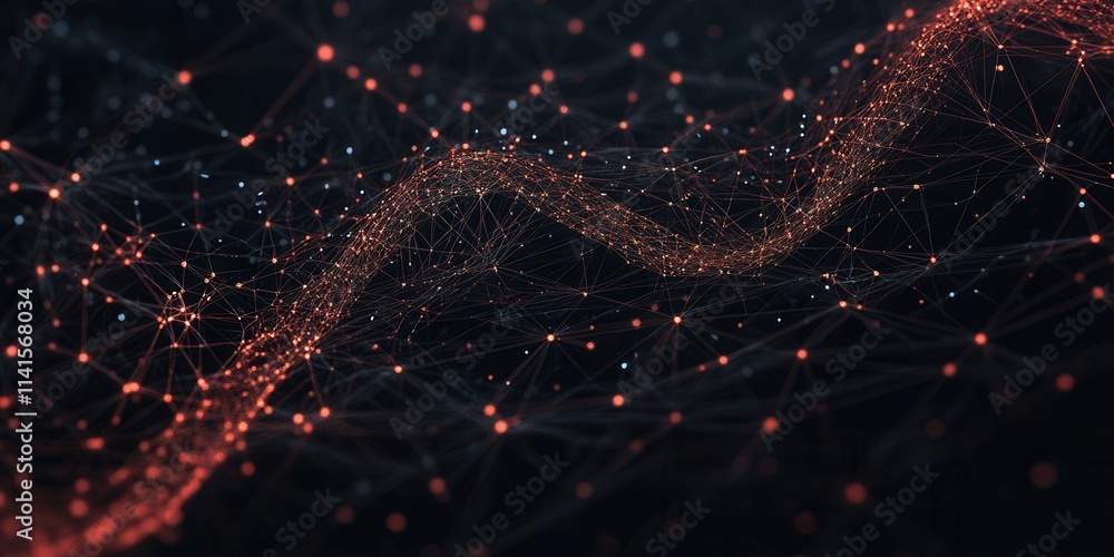 Aufkleber A digital wave of interconnected nodes glows with red and orange hues against a dark background, representing data flow and connectivity.