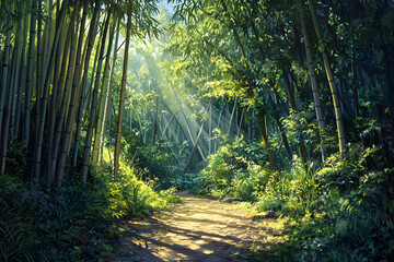 Obraz premium Serene Harmony: Embracing Tranquility Amidst Verdant Bamboo Stalks in a Lush Grove