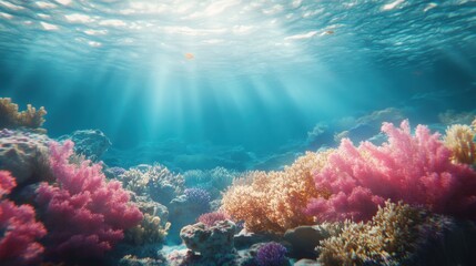 Fototapeta premium Underwater Coral Reef Scene with Vibrant Colors and Sunlight Beams
