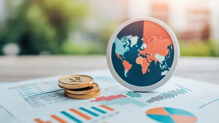 Analyzing global data with charts and coins, showcasing financial trends and insights. This represents intersection of finance and analytics