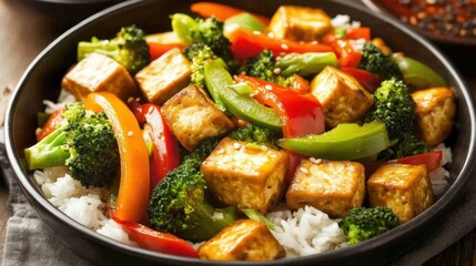 Colorful Vegetable Stir-Fry with Tofu and Rice in Black Bowl