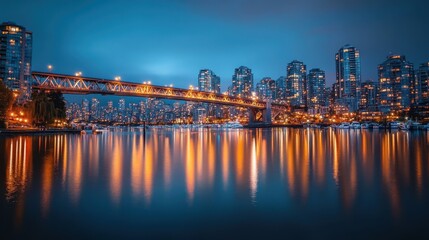 Fototapeta premium Stunning Cityscape with Illuminated Bridge Reflected on a Calm River at Night