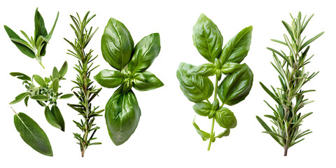 Fresh green organic basil and rosemary leaves. Generative AI.