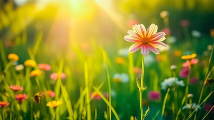 Fototapeta premium A single pink flower basks in the golden sunlight of a vibrant meadow, surrounded by a bokeh of colorful blooms.
