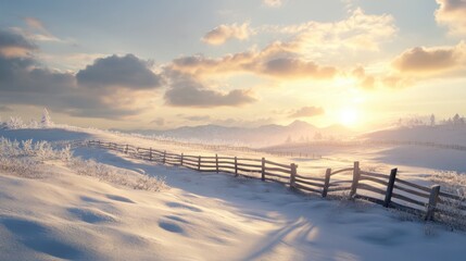 Obraz premium Serene Winter Landscape with Snowy Fields and Fencing at Sunrise