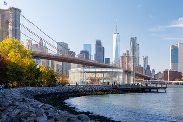 Iconic view of Brooklyn Bridge with Manhattan skyscrapers