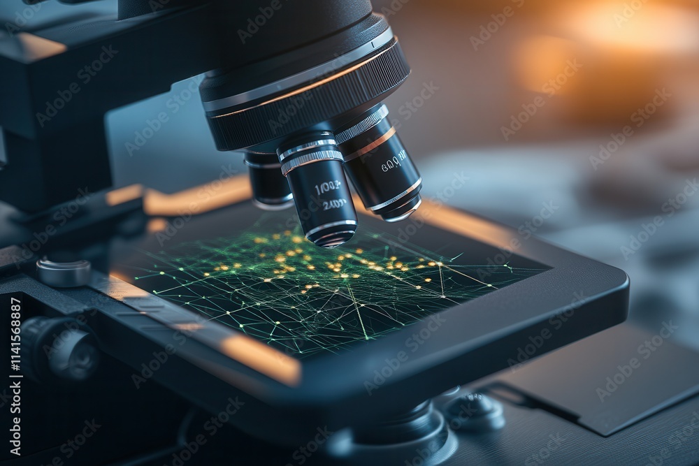 Poster A microscope focuses on a slide displaying intricate patterns, symbolizing scientific exploration and discovery.