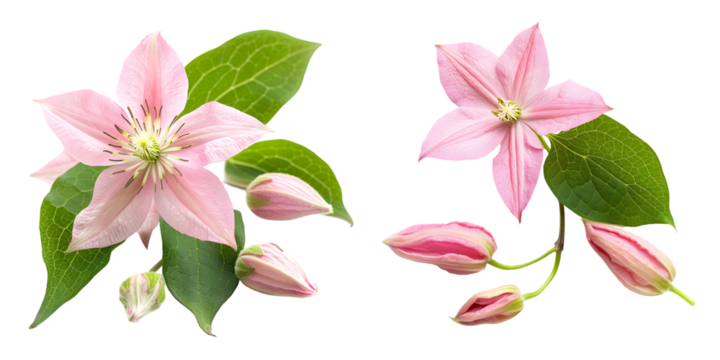 fresh pink clematis flowers, bud and leaf. Generative AI.