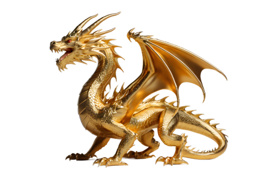 Majestic Golden Dragon Sculpture with Transparent Background