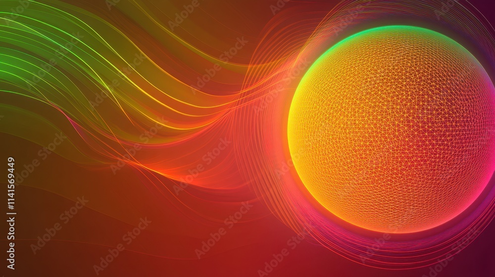 Poster colorful abstract sphere with flowing light waves background