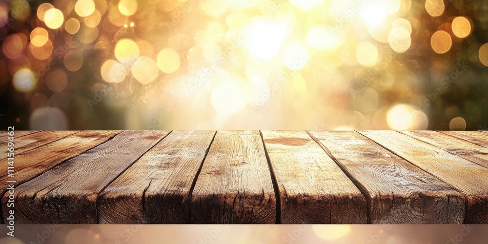 Aufkleber a warm wooden table surface in soft tones with a beautiful background of glowing light bokeh effect 