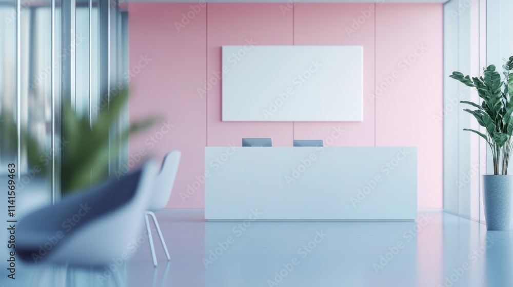 Poster modern reception area with minimalistic design and plants.