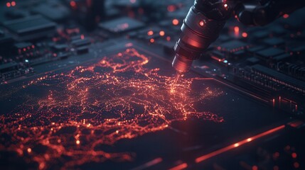 A futuristic circuit board with glowing red patterns, resembling a city map, illuminated by a robotic arm.