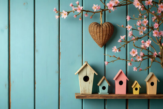 Natural wicker heart hanging over colorful birdhouses with butterfly on shelf by spring tree flowers on antique rustic teal blue wooden background; springtime background with painted wood copy space - Powered by Adobe