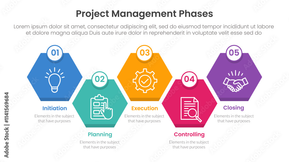 Poster 5 phase project management infographic template banner with diamond honeycomb up and down right dire