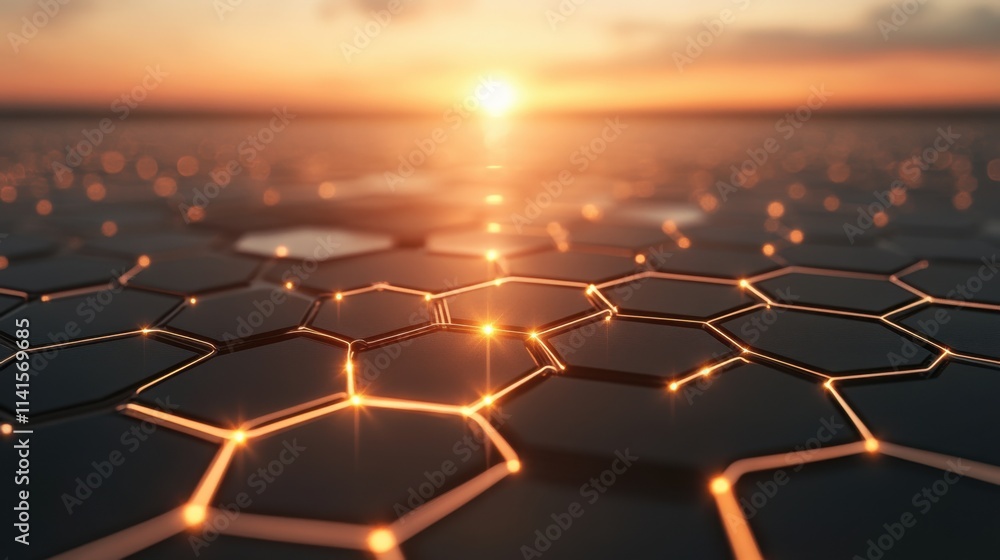Poster abstract hexagonal pattern with glowing elements at sunset horizon