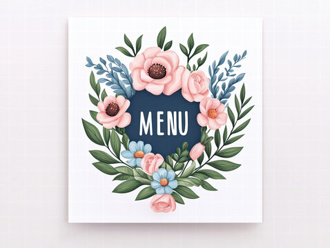 Floral menu design featuring pink and blue flowers with greenery. Perfect for events and celebrations, adding touch of elegance and charm to any dining experience - Powered by Adobe