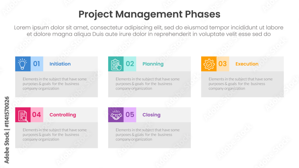 Poster 5 phase project management infographic template banner with big box table information with 5 point l