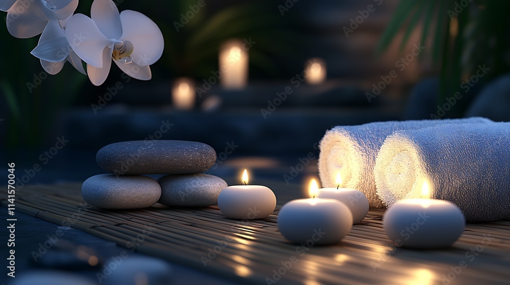 Poster tranquil spa setting with candles and stones for relaxation and zen atmosphere at night : generative