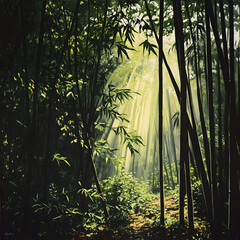 Obraz premium Serene Harmony: Embracing Tranquility Amidst Verdant Bamboo Stalks in a Lush Grove