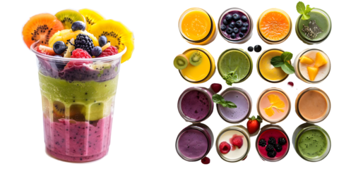 Freshly pressed Fruit vegetable juice smoothie with fruits veggie toppings Many assorted different flavour. Generative AI.