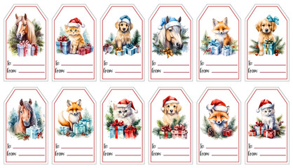 A set of cute watercolour Christmas gift tags with adorable Christmas animals in Santa hat with Christmas presents 