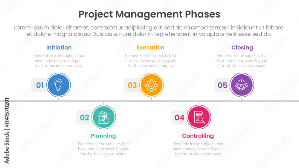 Poster 5 phase project management infographic template banner with timeline circle point right direction wi