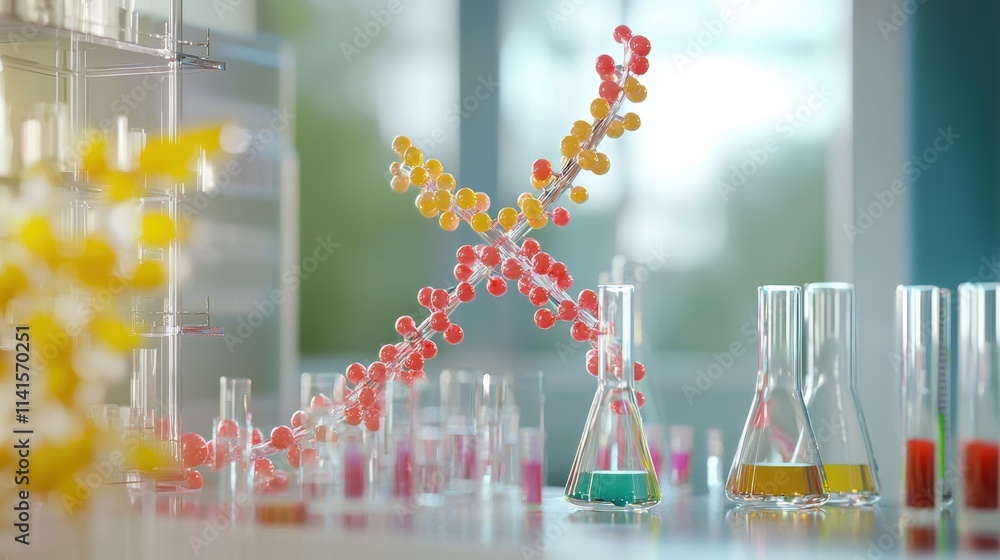 Poster scientific research experiment with dna models in laboratory setting colorful glassware close-up vie