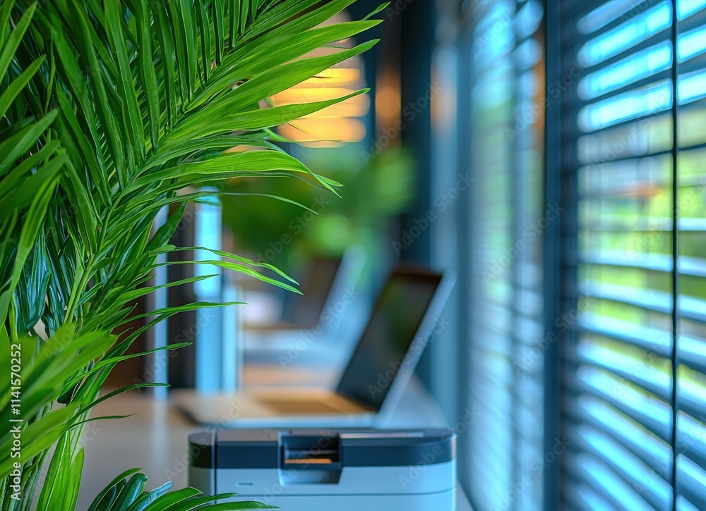Poster serene office workspace with blurred laptops and a printer, accented by lush green palm leaves in th