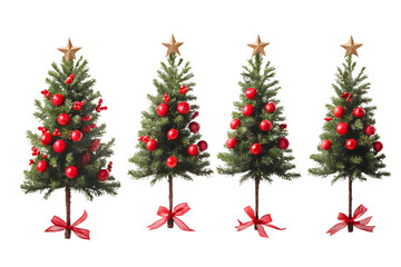 Four Christmas Trees with Red Ornaments and Ribbons, Ready for Use