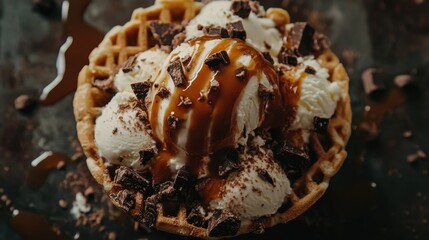 Delicious Ice Cream Sundae with Waffle Bowl and Toppings