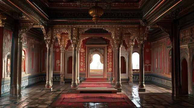 Ornate interior of a historic palace with intricate architecture and decorative elements.
